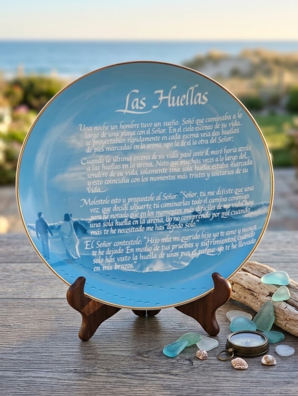 Decorative Porcelain Plate Las Huellas Footprints In The Sand Spanish Poem EUC